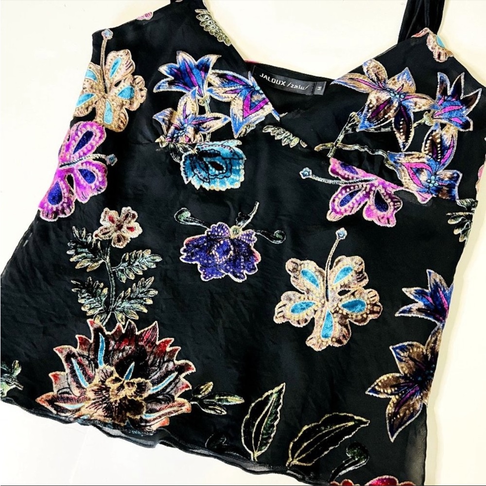 Y2K Black Silk Deep V Tropical Nights Tank Top